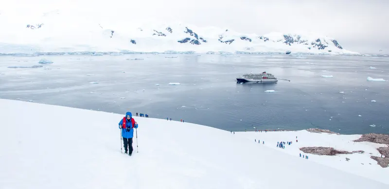 Wanderer steigen in der Antarktis einen Schneehang hinauf, in der Bucht liegt ein Expeditionsschiff